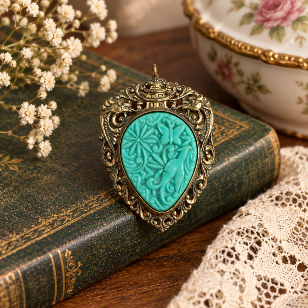 Vintage Turquoise Cabochon Brooch Ornate Openwork Filigree Pendant